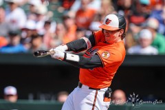 Baltimore, MD - June 1, 2024: Baltimore Orioles catcher Adley Rutschman (35) hits a single during the game between the Baltimore Orioles and Tampa Bay Rays at  Oriole Park at Camden Yards in Baltimore, MD.   (Photo by Elliott Brown/A Lot of Sports Talk)