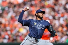 Baltimore, MD - June 1, 2024: Tampa Bay Rays pitcher Taj Bradley (45) pitches the ball during the game between the Baltimore Orioles and Tampa Bay Rays at  Oriole Park at Camden Yards in Baltimore, MD.   (Photo by Elliott Brown/A Lot of Sports Talk)