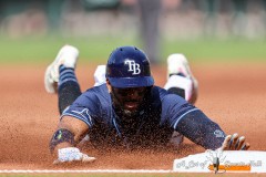 Baltimore, MD - June 1, 2024: Tampa Bay Rays first base Yandy Díaz (2) slides into third base after hitting a triple during the game between the Baltimore Orioles and Tampa Bay Rays at  Oriole Park at Camden Yards in Baltimore, MD.   (Photo by Elliott Brown/A Lot of Sports Talk)