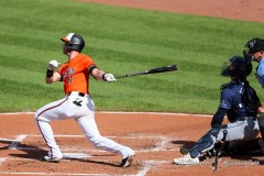 Baltimore, MD - June 1, 2024: Baltimore Orioles third base Jordan Westburg (11) hits a homerun during the game between the Baltimore Orioles and Tampa Bay Rays at  Oriole Park at Camden Yards in Baltimore, MD.   (Photo by Elliott Brown/A Lot of Sports Talk)