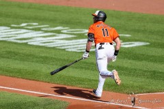 Baltimore, MD - June 1, 2024: Baltimore Orioles third base Jordan Westburg (11) hits a homerun during the game between the Baltimore Orioles and Tampa Bay Rays at  Oriole Park at Camden Yards in Baltimore, MD.   (Photo by Elliott Brown/A Lot of Sports Talk)