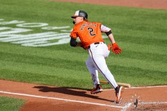 Baltimore, MD - June 1, 2024: Baltimore Orioles shortstop Gunnar Henderson (2) runs to first base during the game between the Baltimore Orioles and Tampa Bay Rays at  Oriole Park at Camden Yards in Baltimore, MD.   (Photo by Elliott Brown/A Lot of Sports Talk)
