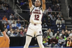 ALBANY, NEW YORK – MARCH 31: South Carolina guard MILAYSIA FULWILEY (12) puts up a three-point shot during the 2024 NCAA Women’s Basketball Tournament Albany 1 Regional Final at MVP Arena on March 31, 2024, in Albany, N.Y.  (Scotty Rausenberger/A Lot of Sports Talk)