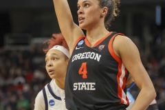 ALBANY, NEW YORK – MARCH 29:  Oregon State gardeners DONOVYN HUNTER (4) follows through on a three-point field goal attempt during the 2024 NCAA Women’s Basketball Tournament Albany 1 Regional semifinal at MVP Arena on March 29, 2024, in Albany, N.Y.  (Scotty Rausenberger/A Lot of Sports Talk)
