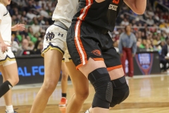 ALBANY, NEW YORK – MARCH 29:  Oregon State forward RAEGAN BEERS (15) works the baseline while being defended by a Notre Dame player during the 2024 NCAA Women’s Basketball Tournament Albany 1 Regional semifinal at MVP Arena on March 29, 2024, in Albany, N.Y.  (Scotty Rausenberger/A Lot of Sports Talk)