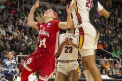 ALBANY, NEW YORK – MARCH 29: Indiana guard SARA SCALIA (14) puts up an off-balance shot in the first half during the 2024 NCAA Women’s Basketball Tournament Albany 1 Regional semifinal at MVP Arena on March 29, 2024, in Albany, N.Y.  (Scotty Rausenberger/A Lot of Sports Talk)