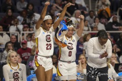 ALBANY, NEW YORK – MARCH 29: South Carolina guard BREE HALL (23) and TE-HINA PAOPAO (0) celebrate a made shot from the bench during the 2024 NCAA Women’s Basketball Tournament Albany 1 Regional semifinal at MVP Arena on March 29, 2024, in Albany, N.Y.  (Scotty Rausenberger/A Lot of Sports Talk)