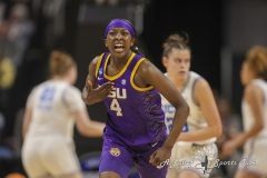 ALBANY, NEW YORK – MARCH 30: LSU guard FLAU’JAE JOPHNSON (4) points at the logo on her jersey in celebration during the 2024 NCAA Women’s Basketball Tournament Albany 2 Regional semifinal at MVP Arena on March 30, 2024, in Albany, N.Y.  (Scotty Rausenberger/A Lot of Sports Talk)