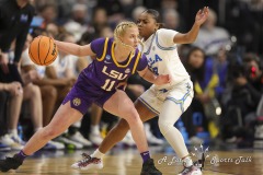ALBANY, NEW YORK – MARCH 30:  LSU guard HAILEY VAN LITH (11) tries to drive past a UCLA defender during the 2024 NCAA Women’s Basketball Tournament Albany 2 Regional semifinal at MVP Arena on March 30, 2024, in Albany, N.Y.  (Scotty Rausenberger/A Lot of Sports Talk)