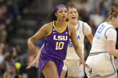 ALBANY, NEW YORK – MARCH 30:  LSU forward ANGEL REESE (10) had to have gauze put in her nose to stop the bleeding from contact during an earlier play during the 2024 NCAA Women’s Basketball Tournament Albany 2 Regional semifinal at MVP Arena on March 30, 2024, in Albany, N.Y.  (Scotty Rausenberger/A Lot of Sports Talk)