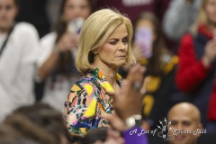 ALBANY, NEW YORK – MARCH 30:  LSU Head Coach KIM MULKEY gives a wink to the fans as she walks in  prior to the 2024 NCAA Women’s Basketball Tournament Albany 2 Regional semifinal at MVP Arena on March 30, 2024, in Albany, N.Y.  (Scotty Rausenberger/A Lot of Sports Talk)