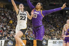 ALBANY, NEW YORK – APRIL 1:  Iowa guard CAITLIN CLARK (22) puts up a lay-up past LSU defender AALYAH DEL ROSARIO (23) during the 2024 NCAA Women’s Basketball Tournament Albany 2 Regional Final at MVP Arena on April 1, 2024, in Albany, N.Y.  (Scotty Rausenberger/A Lot of Sports Talk)