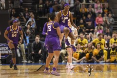 ALBANY, NEW YORK – APRIL 1: LSU guard FLAU’JAE JOHNSON (4) jumps up in celebration after making a field goal during the 2024 NCAA Women’s Basketball Tournament Albany 2 Regional Final at MVP Arena on April 1, 2024, in Albany, N.Y.  (Scotty Rausenberger/A Lot of Sports Talk)