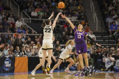 ALBANY, NEW YORK – APRIL 1:  Iowa guard CAITLIN CLARK (22) puts up a long distance three-point shot during the 2024 NCAA Women’s Basketball Tournament Albany 2 Regional Final at MVP Arena on April 1, 2024, in Albany, N.Y.  (Scotty Rausenberger/A Lot of Sports Talk)