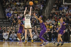 ALBANY, NEW YORK – APRIL 1:  Iowa guard CAITLIN CLARK (22) puts up a long distance three-point shot over LSU’s ANGEL REESE (10) during the 2024 NCAA Women’s Basketball Tournament Albany 2 Regional Final at MVP Arena on April 1, 2024, in Albany, N.Y.  (Scotty Rausenberger/A Lot of Sports Talk)
