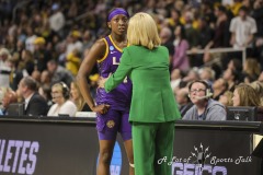 ALBANY, NEW YORK – APRIL 1:  LSU Head Coach KIM MULKEY has a moment with LSU player FLAU’JAE JOHNSON (4) during the 2024 NCAA Women’s Basketball Tournament Albany 2 Regional Final at MVP Arena on April 1, 2024, in Albany, N.Y.  (Scotty Rausenberger/A Lot of Sports Talk)