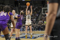 ALBANY, NEW YORK – APRIL 1:  Iowa guard CAITLIN CLARK (22) puts up a long distance three-point shot during the 2024 NCAA Women’s Basketball Tournament Albany 2 Regional Final at MVP Arena on April 1, 2024, in Albany, N.Y.  (Scotty Rausenberger/A Lot of Sports Talk)
