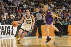 ALBANY, NEW YORK – APRIL 1:  Iowa guard CAITLIN CLARK (22) drives past LSU defender HAILEY VAN LITH (11) during the 2024 NCAA Women’s Basketball Tournament Albany 2 Regional Final at MVP Arena on April 1, 2024, in Albany, N.Y.  (Scotty Rausenberger/A Lot of Sports Talk)