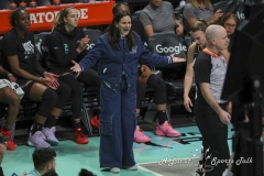 BROOKLYN , NEW YORK— SEPTEMBER 22: New York Liberty head coach Sandy Brondello displays he unhappiness with a call during the playoff game between New York Liberty and Atlanta Dream at the Barclays Center on September 22, 2024, in Brooklyn, N.Y. (Scotty Rausenberger/A Lot of Sports Talk)