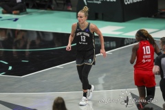 BROOKLYN , NEW YORK— SEPTEMBER 22: New York Liberty forward Leonie Fiebich (13) gets back on defense after a shot during the playoff game between New York Liberty and Atlanta Dream at the Barclays Center on September 22, 2024, in Brooklyn, N.Y. (Scotty Rausenberger/A Lot of Sports Talk)