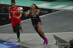 BROOKLYN , NEW YORK— SEPTEMBER 22:  New York Liberty forward Betnijah Laney-Hamilton (44) passes the ball up court during the playoff game between New York Liberty and Atlanta Dream at the Barclays Center on September 22, 2024, in Brooklyn, N.Y. (Scotty Rausenberger/A Lot of Sports Talk)