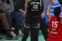 BROOKLYN , NEW YORK— SEPTEMBER 22:   New York Liberty guard Sabrina Ionescu (20) takes a three-point shot during the playoff game between New York Liberty and Atlanta Dream at the Barclays Center on September 22, 2024, in Brooklyn, N.Y. (Scotty Rausenberger/A Lot of Sports Talk)