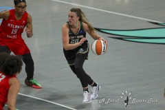 BROOKLYN , NEW YORK— SEPTEMBER 22:  New York Liberty guard Sabrina Ionescu (20) drives to the basket   during the playoff game between New York Liberty and Atlanta Dream at the Barclays Center on September 22, 2024, in Brooklyn, N.Y. (Scotty Rausenberger/A Lot of Sports Talk)