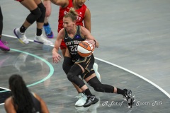 BROOKLYN , NEW YORK— SEPTEMBER 22:  New York Liberty guard Courtney Vandersloot (22) drives to the basket during the playoff game between New York Liberty and Atlanta Dream at the Barclays Center on September 22, 2024, in Brooklyn, N.Y. (Scotty Rausenberger/A Lot of Sports Talk)