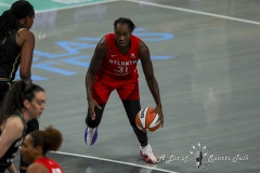 BROOKLYN , NEW YORK— SEPTEMBER 22:  Atlanta Dream center Tina Charles (31) drives to the basket during the playoff game between New York Liberty and Atlanta Dream at the Barclays Center on September 22, 2024, in Brooklyn, N.Y. (Scotty Rausenberger/A Lot of Sports Talk)