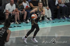 BROOKLYN , NEW YORK— SEPTEMBER 22:   New York Liberty guard Sabrina Ionescu (20) catches an inbound pass during the playoff game between New York Liberty and Atlanta Dream at the Barclays Center on September 22, 2024, in Brooklyn, N.Y. (Scotty Rausenberger/A Lot of Sports Talk)