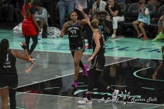 BROOKLYN , NEW YORK— SEPTEMBER 22:   New York Liberty forward Betnijah Laney-Hamilton (44) celebrates a basket with teammate New York Liberty forward Leonie Fiebich (13) during the playoff game between New York Liberty and Atlanta Dream at the Barclays Center on September 22, 2024, in Brooklyn, N.Y. (Scotty Rausenberger/A Lot of Sports Talk)